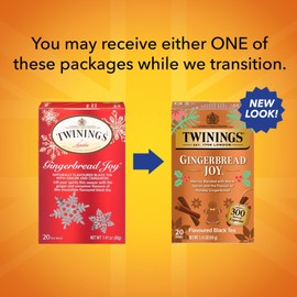 Twinings Gingerbread Joy Black Tea Individually Wrapped Bags, 20 Count (Pack of 1), Ginger & Cinnamon, Caffeinated, Enjoy Hot or Iced | Packaging May Vary