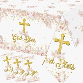 OGMOGKW Baptism Tablecloth,3Pcs Baptism Table Decorations God Bless Table Cloth Plastic Communion Table Cover Rectangle Religious Tablecloth for Blessed Day First Communion Party