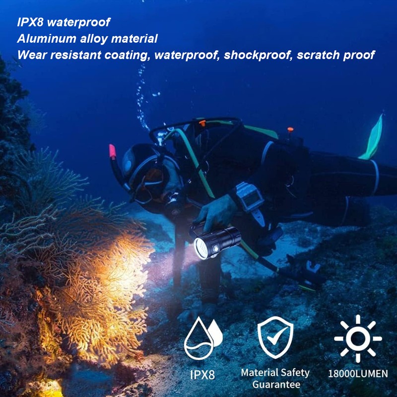 Diving Flashlight Super Bright Flashlight 18000LM Aluminum Alloy IPX8 Waterproof