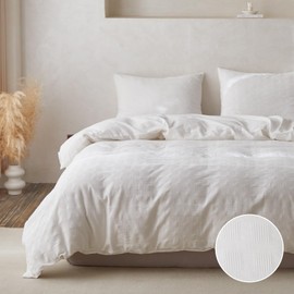 BISELINA 100% Cotton Duvet Cover Set Waffle Weave 3PCS (1 Comforter Cover, 2 Pillow Shams) Reversible Soft Skin-Friendly Breathable Shabby Chic Bedding for All Season - White, Oversized King