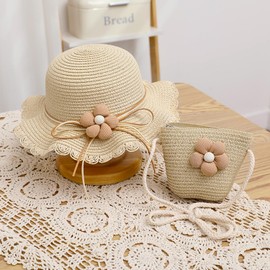 MAMUNU Girls Sun Hat and Mini Cross Body Bag Sets, Summer Beach Straw Hat and Mini Purse Set, Flower Straw Hat for Kids Girls Holiday Outdoor Activities Travel (Style05-Beige)