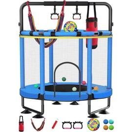 Trampoline for Kids, Upgrade Full Anti-Rust 440lbs Indoor Outdoor Toddler Trampoline with Net, 55" Adjustable Baby Toddler Trampolines Accessories with 8 Toys Dart Board (Blue, 55in)