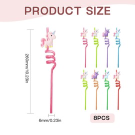 8 Pcs Reusable Drinking Straws - Unicorn Curly Straws for Kids, Plastic Straws, Hard, Colourful, Ideal for Children's Birthday Party Decoration, Accessories, Family Reunions, Gifts