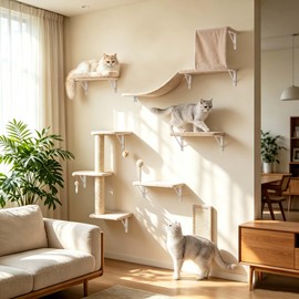 ANWA 6-in-1 Cat Wall Shelves Set, Wooden Cat Wall Climber Furniture, Beige