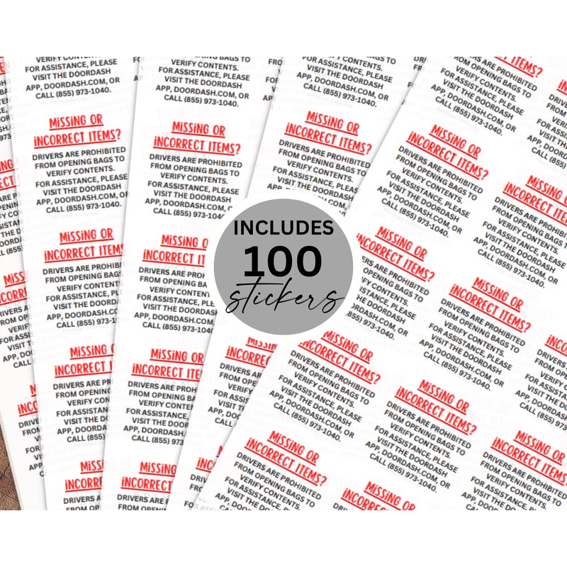 100 DoorDash Missing Items Stickers, Dasher Bag Labels for Customers,