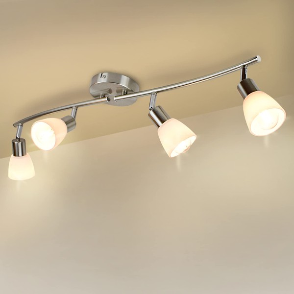 DLLT 4-Light Track Lighting Fixtures-Flexibly Rotatable Spotlight Ceiling, Modern Flush Mount Wall Lights with Glass Shade for Kitchen, Living Room, Hallway, Brushed Nickel, E12(Bulb Included)