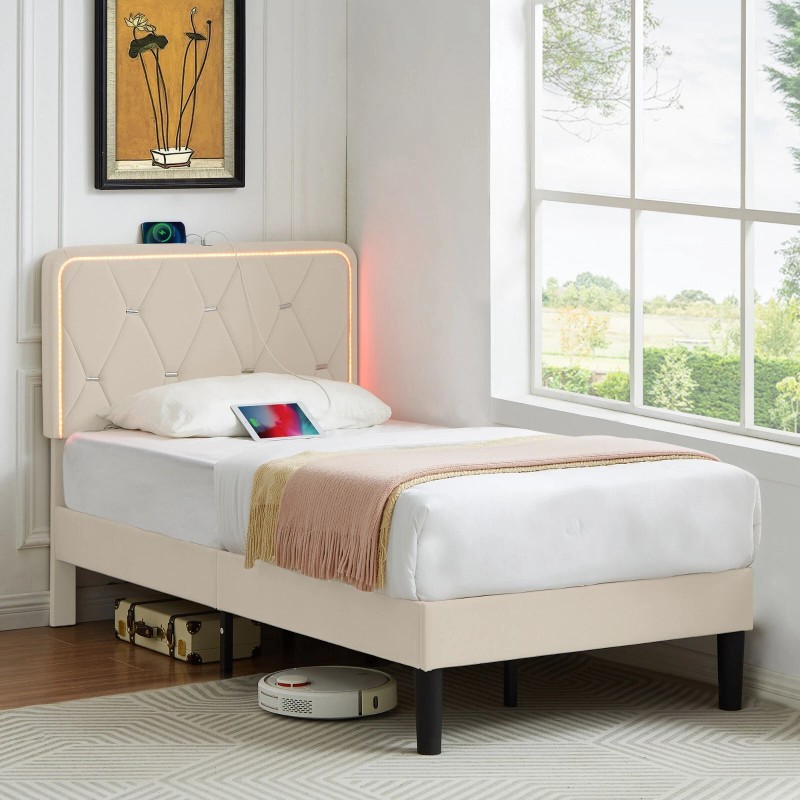 Vecelo Bed Frame with LED Light USB Ports Queen Full