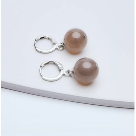 Frauen handgemachte natürlichen Edelstein 12mm Runde Kugel Ohrringe - Edelstein Perlen 925 Silber Ohrringe (Grey Agate)