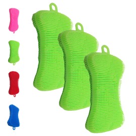 Silicone Dish Sponge - Dishwashing Kitchen Scrubber - Double Sided Sponge Brush - Multipurpose & Reusable Silicone Dish Sponges for Dishes, Fruits & Vegetables Cleaning - Green (3 Pack)