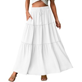 Genfien Women's Skirts Elegant Maxi Skirt Elasticated Waist Pleated A Line Skirts Boho for Party Summer Basic Casual White