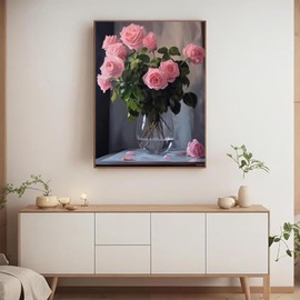 PUAGEMTI Flowers Diamond Painting, Pink Roses Diamond Painting Kits, Flowers in Vase Diamond Art for Adults, for Wall Decor Room Decor 12x16 inch