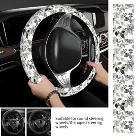 AOPEFNX Steering Wheel Covers for Car, Truck, and SUV, Cute Non-Slip Breathable Elastic Steering Wheel, Car Accessories, Universal 15 Inch Leather Cover for Men Women Black White Leaf
