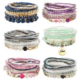 Kakonia 6 Sets Bohemian stackable Beads Bracelets for Women Stretch Multilayered Bracelet Set Multicolor Boho Jewellery