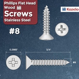 Kozelo 200pcs Phillips Flat Head Wood Screws - [#8x3/4] 304 Stainless Steel Countersunk Self Tapping Screws for Furniture Assembly, Interior Trim, Outdoor Construction, Silver