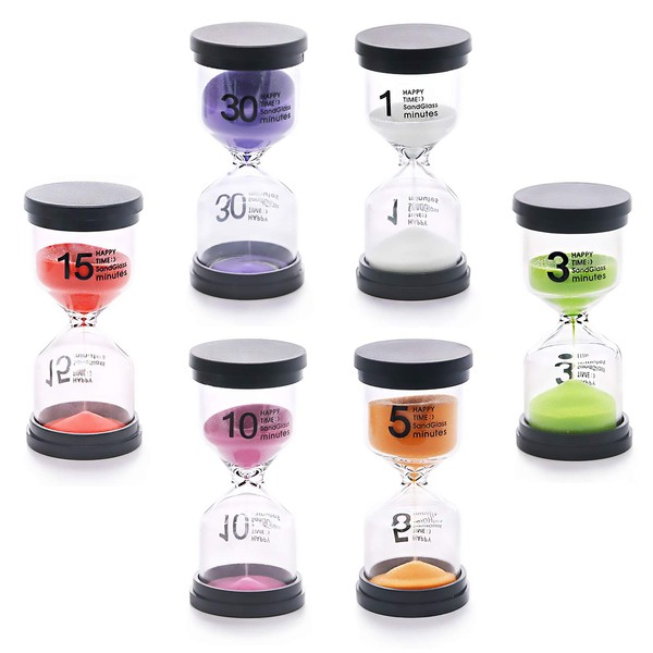 Swpeet 6 Pack 6 Colors Sand Timer Hourglass Sandglass Timer Assortment Kit, 1 min/3 mins/5 mins/10 mins/15 mins/30 mins Sand Clock Timer for Home Office Kitchen Kids Games Classroom
