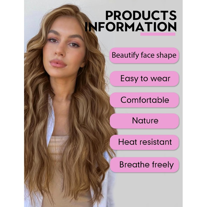 WOKESTAR Long Brown Wavy Wigs for Women Synthetic Wig for