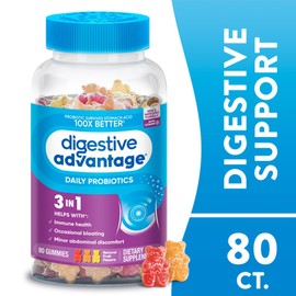 Digestive Advantage 3-in-1 Natural Fruit Flavors Probiotic Gummies for Women & Men Occasional Bloating, Minor Abdominal Discomfort & Gut Health, 80 Count Gummies (4 Pack)