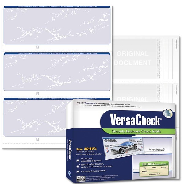 VersaCheck Secure Checks - 750 Blank Business Checks - Blue Prestige - 250 Sheets Form #3000 - 3 Per Sheet