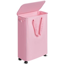 Vincona Slim Laundry Hamper with Lid and Wheels, Small Rolling Laundry Basket with Handle for Small Spaces, Tall Dirty Clothes Hampers for Dorm, Bathroom and Bedroom, 55L, Pink