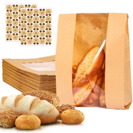 Moretoes Sourdough Paper Bread Bags, 100 Packs Bread Bags for Homemade Bread, Bread Bag with Window Includes Label Seal Stickers for Baked Food Packaging Storage (13.7x8.3x3.5 Inch)
