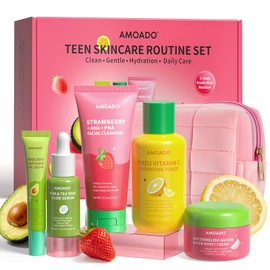 Skincare Set for Teen, 5-Step Daily Routine Skin Care for Kids Girls & Boys , Facial Cleanser, Hydrating Toner, Glow Serum, Eye Cream & Water-Burst Cream for Oily, Dry & Uneven-Looking Teen Skin
