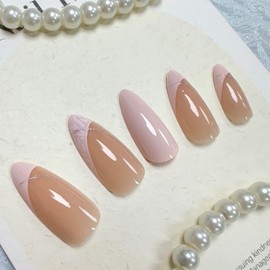 Alomnd Press on Nails Short Fake Nails Almond False Nails Press ons with Designs White Glitter Swirl Glue on Nails Cute Acrylic Nails Glossy Full Cover Artificial Stick on Nails for Women Manicure