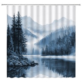 Blue Misty Forest Shower Curtain,Watercolor Mountain Lake Landscape Nature Polyester Bathroom Curtain with 12 Hooks,Bathtub Home Decor,70x70 Inch