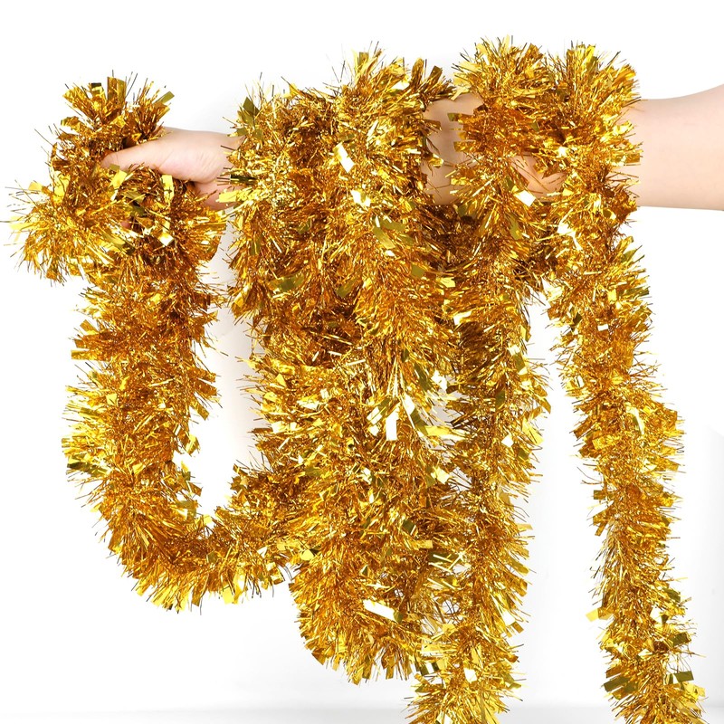 KIMOBER 33 Ft Christmas Tinsel Garland, Golden Metallic Garland for