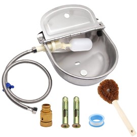Automatic Animal Drinking Water Bowl with Float Valve and Drainage Hole, 304 Stainless Steel Livestock Dispenser Waterer Kits Included Water Hose, 3/4''Adaptor, Float Valves Mounting Bolts (1 Set)