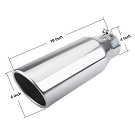 Diesel Exhaust Tip 4", 6" Outlet 18" Overall Length Bolt-On Truck Tip, Rolled Angle Cut, Polished Muffler Tip…