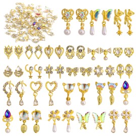 48 Pcs Dangle Nail Charms Luxury Rhinestones for Nails Heart Charms Gold Nail Gems Crystal Metal Nail Diamonds Stones for 3D Nails Art Decoration Jewelry Making, 24 Styles
