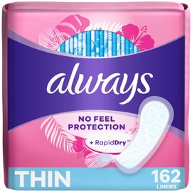 Always Thin No Feel Protection Daily Liners, Regular Absorbency, Designed with a Breathable Layer to Help Keep You Dry, Unscented, 162 Count