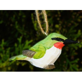 Ruby Throated Hummingbird Ornament Wood Hanging Bird Figurine Holiday Decoration Handmade Carving Small Animal