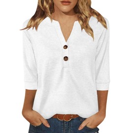 Dimur Womens Tops 3/4 Sleeve Summer V Neck Button Down Shirts Business Casual Outfits for Women Basic Tees White Medium