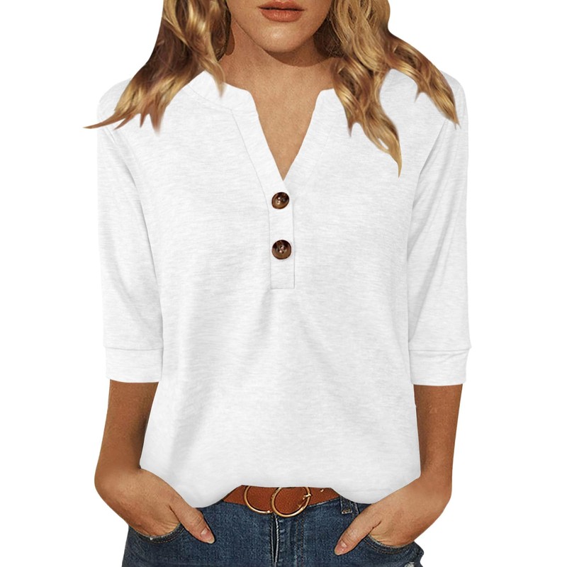 Dimur Womens Tops 3/4 Sleeve Summer V Neck Button Down