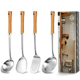 Pleafind Cooking Utensils Set - Stainless Steel Kitchen Utensils Set with Wooden Handle, 4 Pcs Utensils Set Include Wok Ladle, Slotted Spoon, Wok Spatula and Slotted Spatula