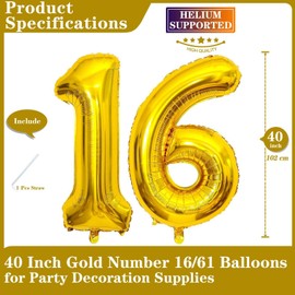 Gold 16 Number Balloons, 40 Inch Giant Number 16 Balloons Foil Mylar Helium Gold Number Balloons for 16th Birthday Party Supplies Anniversary Event Celebration Decorations