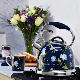 VQ Laura Ashley Elveden Navy 2.5L Stainless Steel Tea Kettle Stovetop Whistling Teapot for Induction, Gas Hob or others. Silicon Coated Cool Handle & Push Button Mechanism Vintage Stove Top Kettle