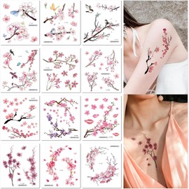 12 Hojas De Pegatinas Temporales Impermeables De Flores De Cerezo Para Clavícula Y Brazo.