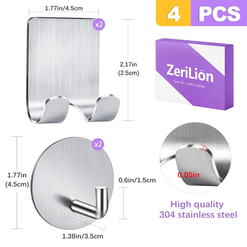 ZeriLion Adhesive Razor Holder & Hook Combo Pack (2+2) -