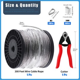 Glarks 72Pcs 1/8" 300ft Stainless Steel Wire Rope Cable Set Includes 8" Heavy Duty Cable Cutter and 50Pcs Aluminum Crimping Loop Sleeve with 20Pcs M3 Wire Rope Thimbles Set for DIY Deck Stair Rail