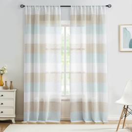 Central Park - Cortina de lino para ventana, color café y spa, con bloques de color azul, para recámara, sala de estar, granja, 84 pulgadas de largo, 2 paneles de cortinas rústicas, 40 x 84 x 2