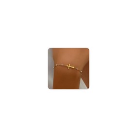 Dabovos 18K Gold Plated Cross Bracelet for Women Minimalist White Bead Bracelet Dainty Cross Bracelet Christian Bracelet
