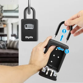 Diyife Key Box with Shackle, Wall Mounted, Key Safe for Outdoor and Indoor Use, Weatherproof Combination Key with 4-Digit Combination Code, for Home, Garages, School, Replacement House Key - Black