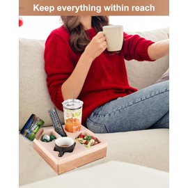 Couch Cup Holder Tray, Silicone Wooden Couch Caddy with Cup Holder for Snacks, Drinks, Remotes, Waterproof Cup Holder for Couch, Organizer, Couch Drink Holder