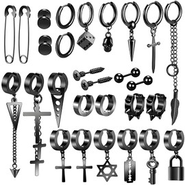 28 Piece Black Cross Dangle Earrings, Stainless Steel Long Chain Pierced Hoop Earrings Set, Unisex