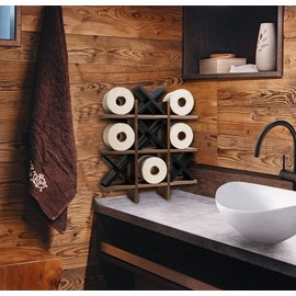 GENMOUS Handmade Tic Tac Toe Toilet Paper Holder Stand with 4pcs Wooden X, Funny Wall Mounted Toilet Papers Storage with Shelf, Farmhouse Paper Roll Storage for Guest Bathroom or Toilet Décor