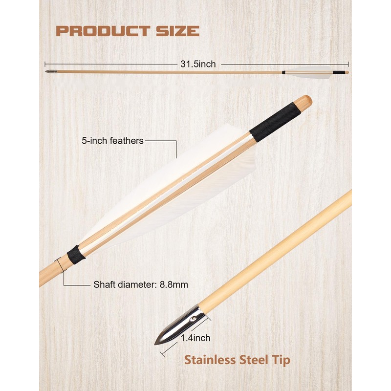 TOPARCHERY Wooden Arrows 31.5 inch Archery Handmade Traditional Wood Arrows