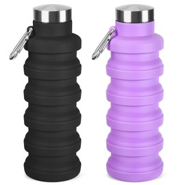 Collapsible Water Bottle, 16oz Portable Reusable Silicone Water Bottle, BPA-Free Leak-Proof Foldable Design with Carabiner, Lightweight Durable for Gym, Travel, Camping, Hiking, Sports(Black+ Purple)