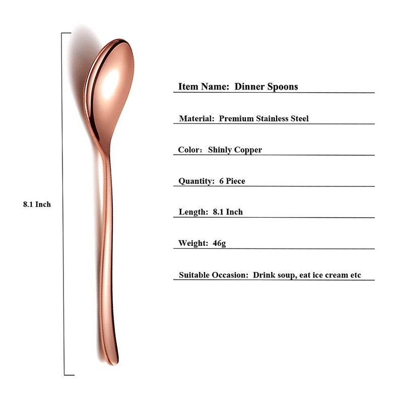 Copper Dinner Spoons 6 Piece, 8.1'' Stainless Steel Tablespoons, Soup